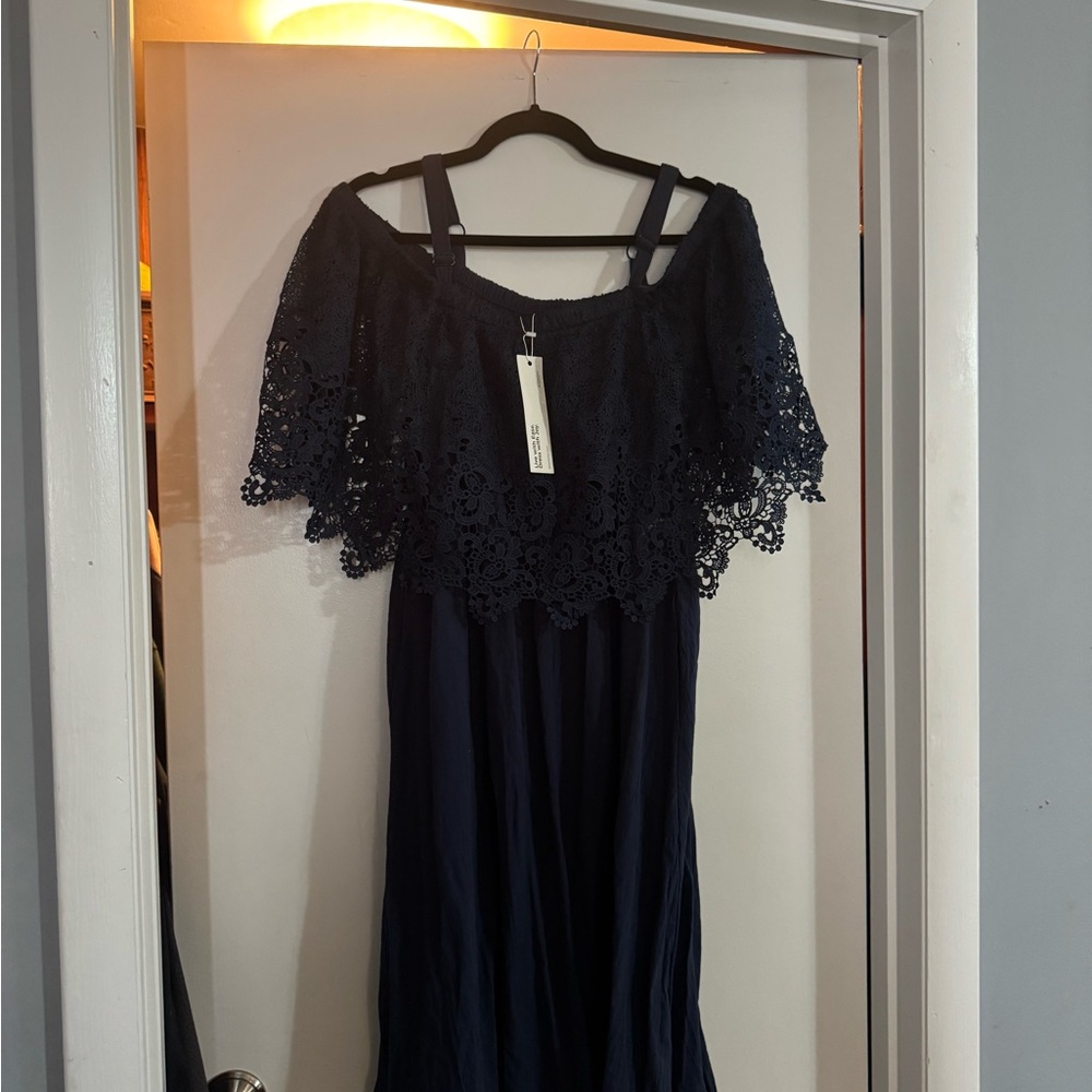 BloomChic Navy Lace Off-Shoulder Maxi Dress